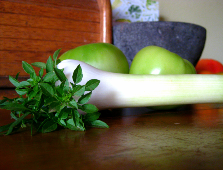 Green Tomatoes, Leeks, and Globe Basil