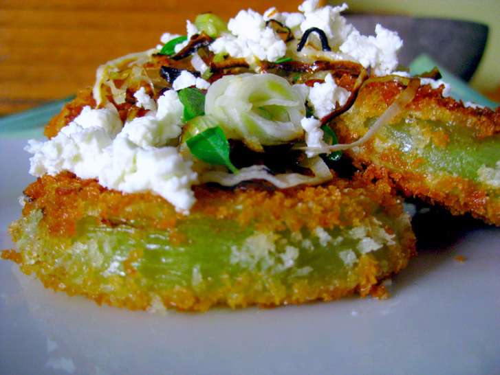 Fried Green Tomatoes with Leeks and Goat Cheese
